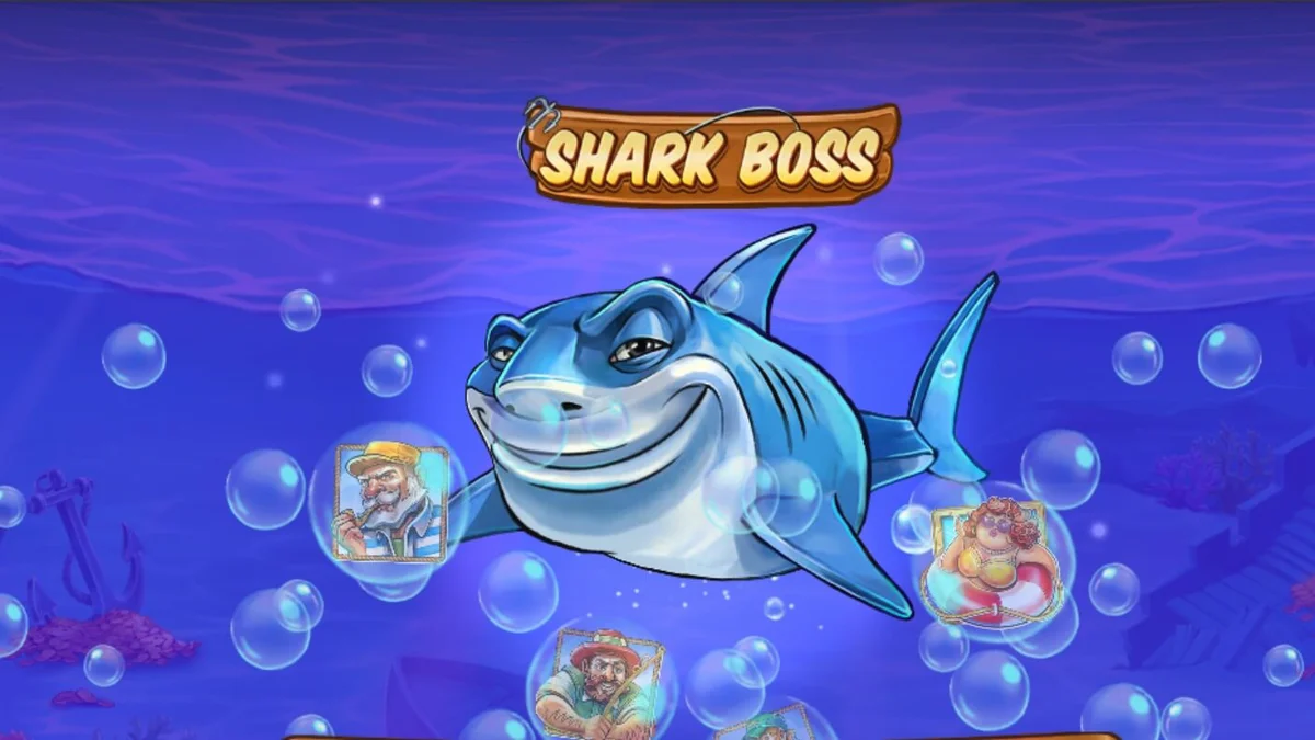 Shark Boss স্লট গেমের ইন্টারফেস যেখানে একটি হাঙর নৌকায় বসে মাছ ধরছে