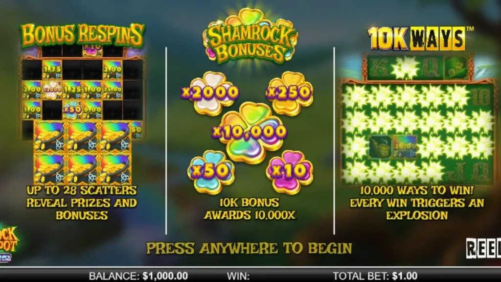 Shamrock Money Pot Big Bang স্লট গেমের একটি দৃশ্য যেখানে মহাকাশ এবং আইরিশ থিমের সংমিশ্রণ দেখা যাচ্ছে।
